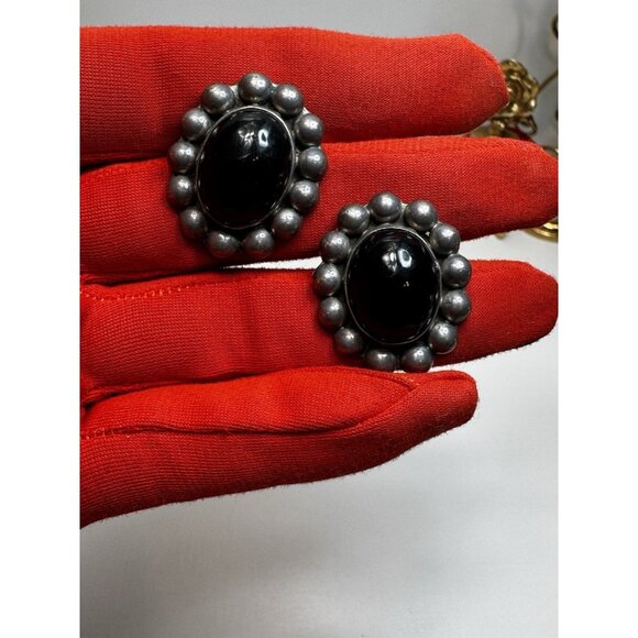 Mexican Sterling Silver Taxco Mexico Cabochon Onyx Oval Stud Earrings Modernist - Picture 1 of 10
